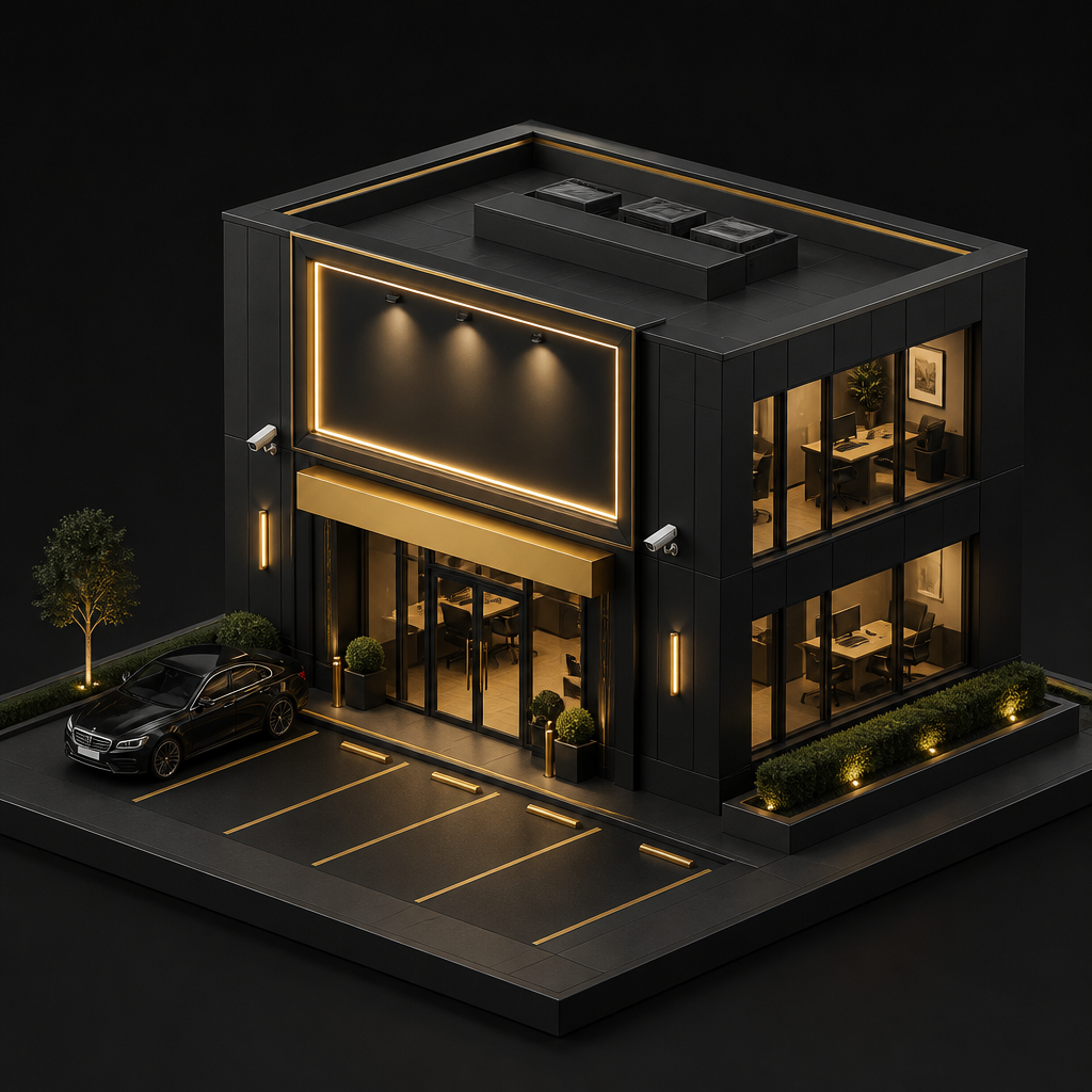 Commercial building at night with LED accent lighting and security cameras
