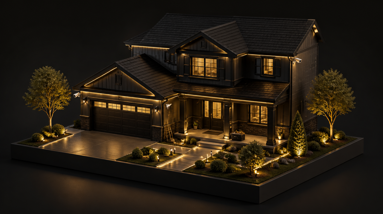 Premium home with gold LED lighting and security cameras
